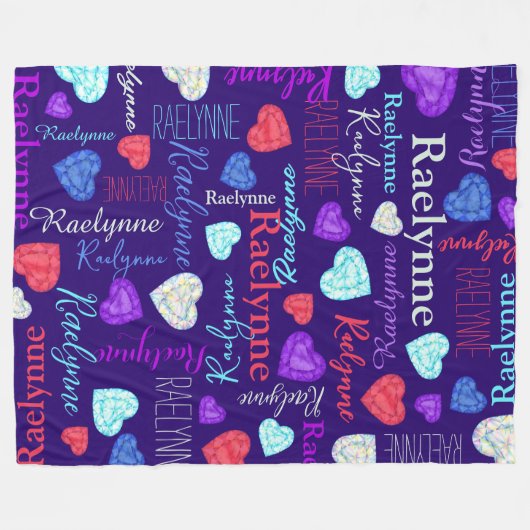 宝石ハート名前をカスタムするカラフルレイン フリースブランケット (正面(横))