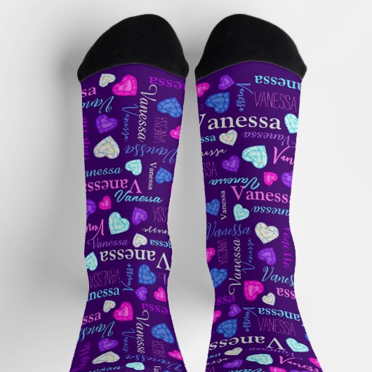 宝石ハート名前をカスタムするカラフルヴァネッサ ソックス (上部)