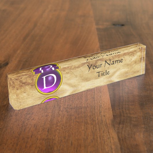 宝石モノグラム、紫アメジスト、羊皮紙 デスクネームプレート (側面)