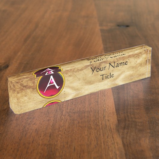 宝石モノグラム,赤ルビー,羊皮紙 デスクネームプレート (側面)