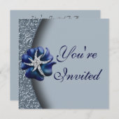 宝石付きブルーフラワーパーティの招待状 招待状 (正面/裏面)