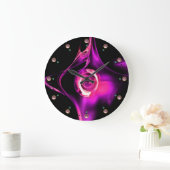 宝石付き黒色ピンク紫フラクタルバラ ラージ壁時計 (ホーム)