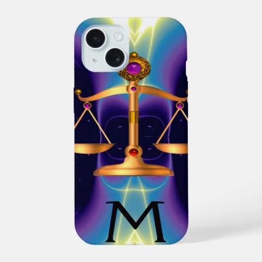 宝石入りモノグラムの金の法の秤 iPhone 15ケース (裏面)