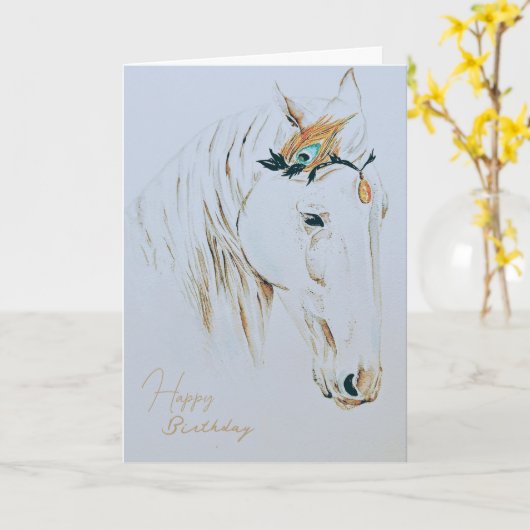 宝石威厳のある装飾ホワイトホース誕生日 カード (黄色い花)