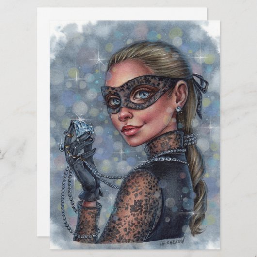 宝石泥棒の女性ダイヤモンドマスクされた女の子アートカード (正面/裏面)