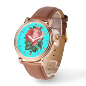 宝石用原石の水の青、ティール（緑がかった色）を持つ美しいピンクのバラ 腕時計 (傾斜)