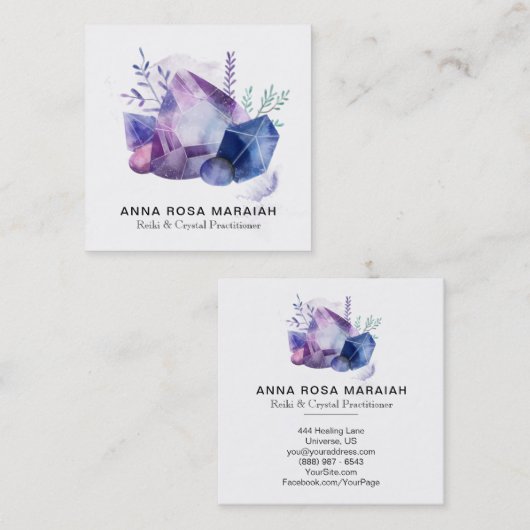 *宝石用原石の水彩画の宝石の宇宙霊気の水晶 スクエア名刺 (正面/裏面)