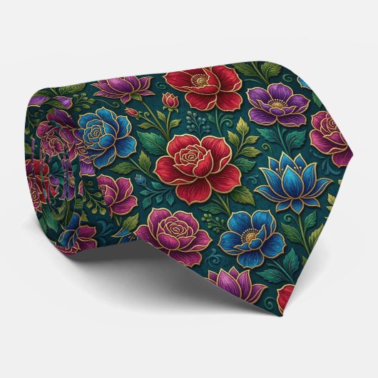 宝石色の花とゴールドのアクセント ネクタイ (ロール)