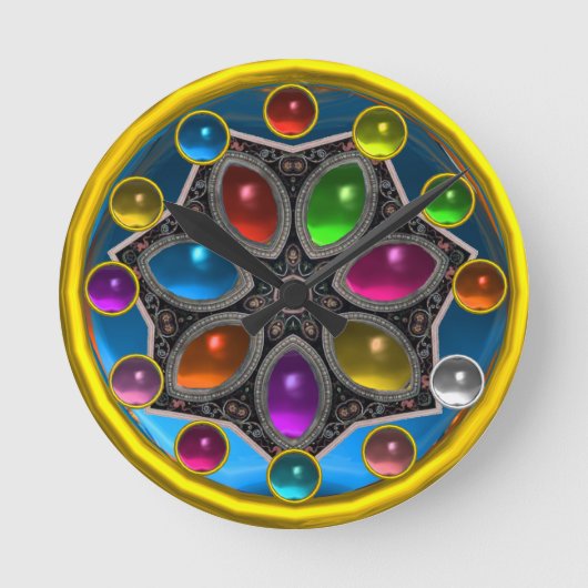 宝石青の輝く星カラフル金ゴールド ラウンド壁時計 (正面)