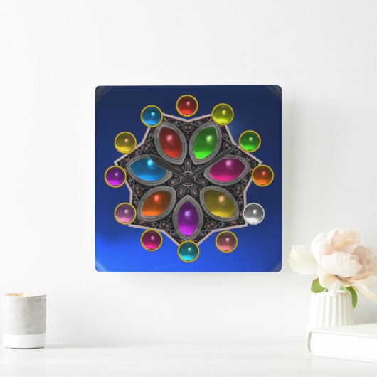 宝石類ブルーサファイアカラフルの輝く星 スクエア壁時計 (ホーム)