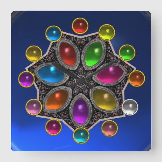 宝石類ブルーサファイアカラフルの輝く星 スクエア壁時計 (正面)