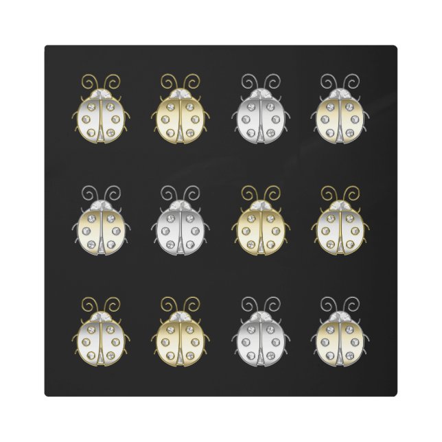 宝石飾り付きラディバグス金ゴールドシルバーダイヤモンド メタルプリント (正面)