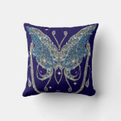 宝石飾り蝶，深いミッドナイトブルー，シルバーきらきら光る, クッション (裏面)