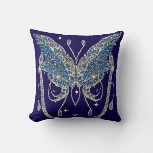 宝石飾り蝶，深いミッドナイトブルー，シルバーきらきら光る, クッション (正面)