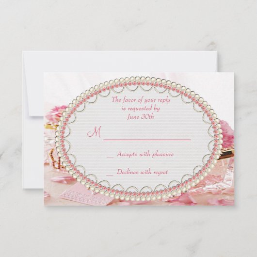 宝石、箱及びピンクの花RSVP 出欠カード (裏面)