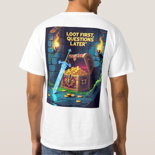 宝箱のあるピクセルダンジョンのシーン Tシャツ (裏面)