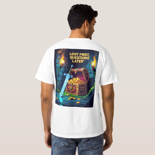 宝箱のあるピクセルダンジョンのシーン Tシャツ (裏面フル)
