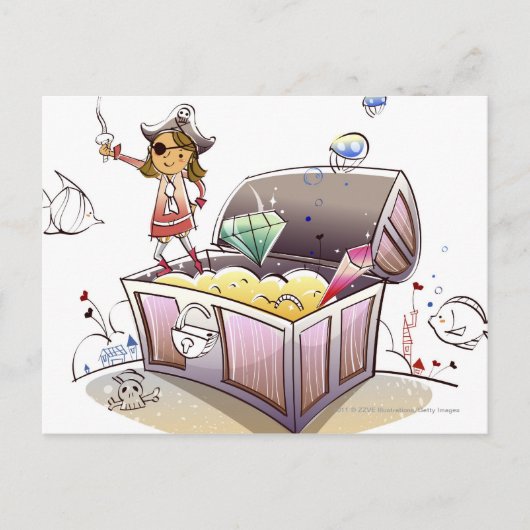 宝箱の上に立つ女海賊 ポストカード (正面)