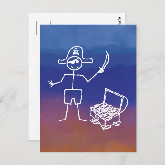 宝箱の水彩付き海賊ステックマン ポストカード (正面/裏面)