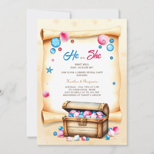 宝箱ビーチをテーマにした性別開示パーティー 招待状 (正面)