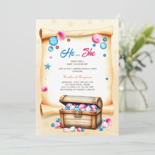 宝箱ビーチをテーマにした性別開示パーティー 招待状 (スタンド正面)