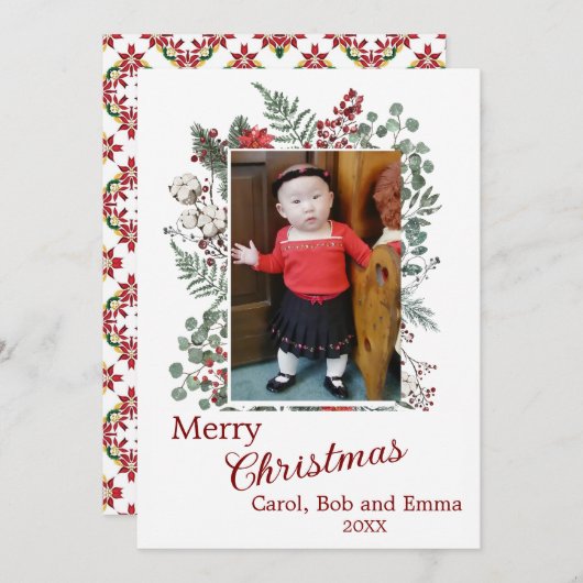 実と植物の写真を使用したフラットなデザインのホリデーカード シーズンカード (正面/裏面)