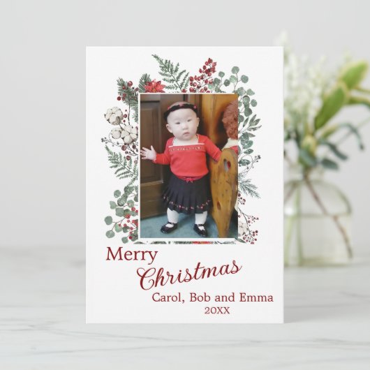 実と植物の写真を使用したフラットなデザインのホリデーカード シーズンカード (スタンド正面)