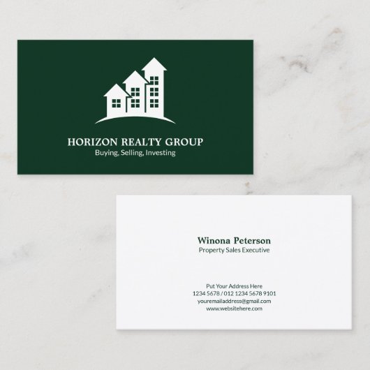 実在エスティ・ビジネス・カード上向き矢印ダークグリーン 名刺 (正面/裏面)