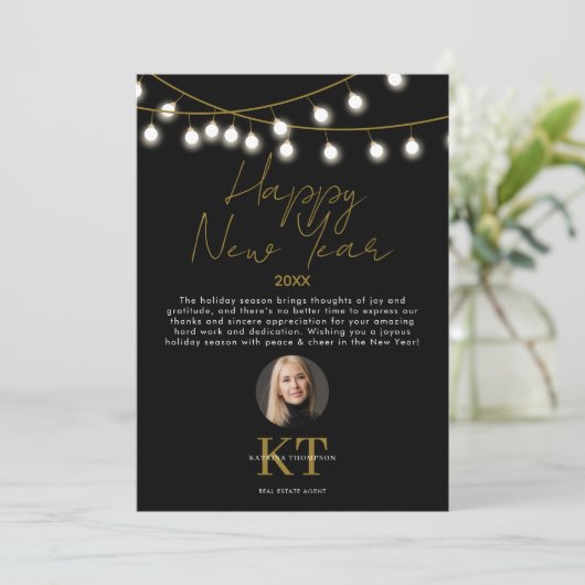 実在エステートエージェント不動産仲介業者ハッピーニューイヤーブラック シーズンカード (スタンド正面)