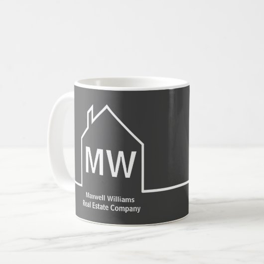 実在エステートカンパニーパーソナライズされたダークグレー不動産仲介業者 コーヒーマグカップ (正面左)
