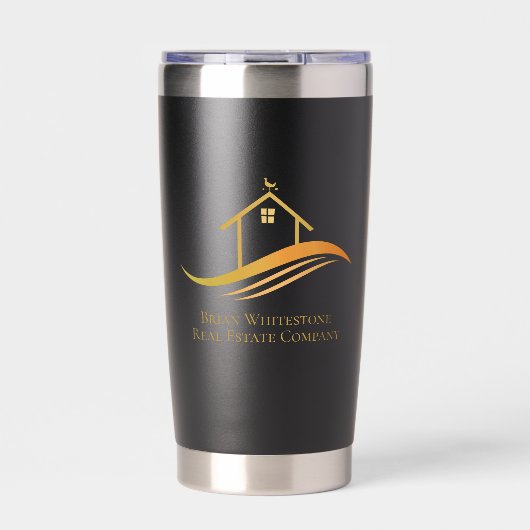 実在エステートカンパニー金ゴールドハウスロゴカスタム不動産仲介業者 保温保冷タンブラー (正面)