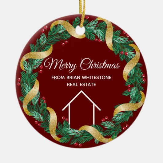 実在エステートメリークリスマスパーソナライズされたレッド セラミックオーナメント (正面)
