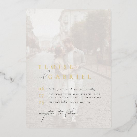 実在エレガント金ゴールドBoho Minimalist 2写真結婚s 箔招待状 (正面)