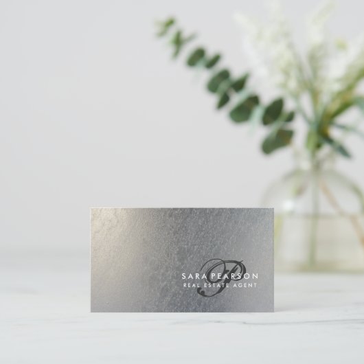 実在エレガントEstate Script Monogram SilverTexture 名刺 (スタンド正面)