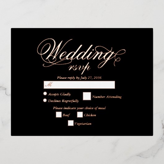 実在バラゴールドフォイルエレガントブラックウェディングRSVP 箔招待状ポストカード (正面)