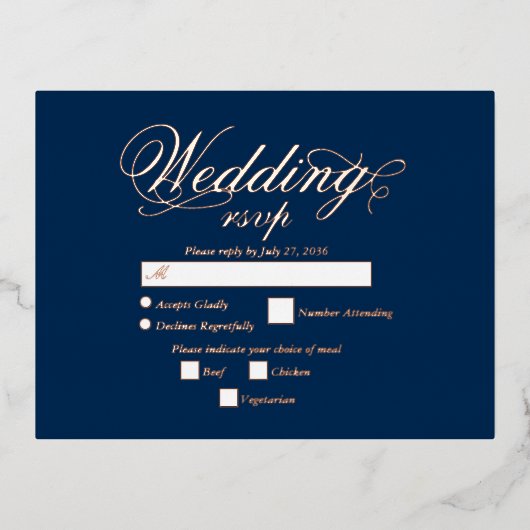 実在バラゴールドフォイルエレガントブルーウェディングRSVP 箔招待状ポストカード (正面)