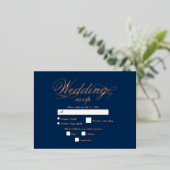 実在バラゴールドフォイルエレガントブルーウェディングRSVP 箔招待状ポストカード (立ち正面)