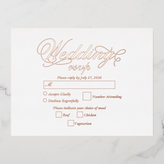 実在バラゴールドフォイルエレガントラグジュアリーウェディングRSVP 箔招待状ポストカード (正面)