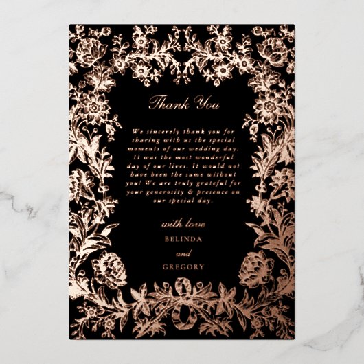 実在バラゴールドフォイルフローラブラック結婚の感謝 箔招待状 (正面)