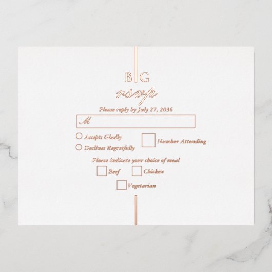 実在バラゴールドフォイルモノグラムウェディングRSVP 箔招待状ポストカード (正面)