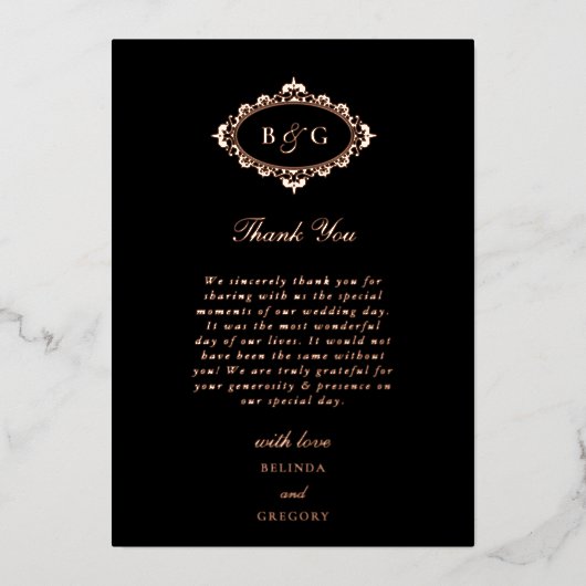 実在バラゴールドフォイル結婚ブラックのサンキューカード 箔招待状 (正面)