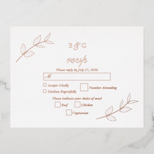 実在バラゴールドフォイル離れスエレガントウェディングRSVP 箔招待状ポストカード (正面)