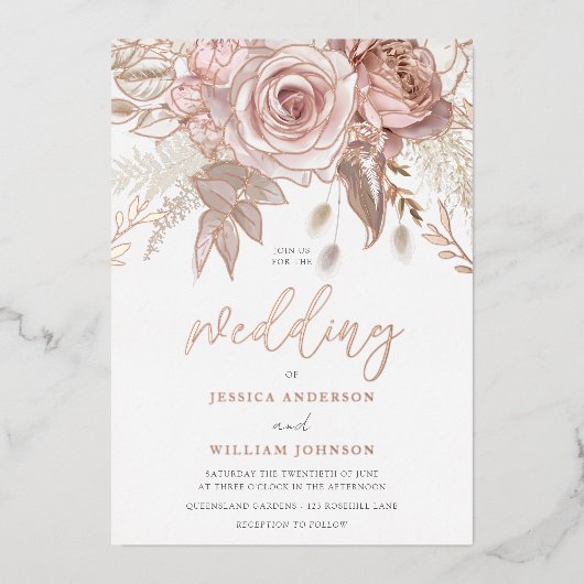 実在バラ素晴らし金ゴールド結婚フローラ 箔招待状 (正面)