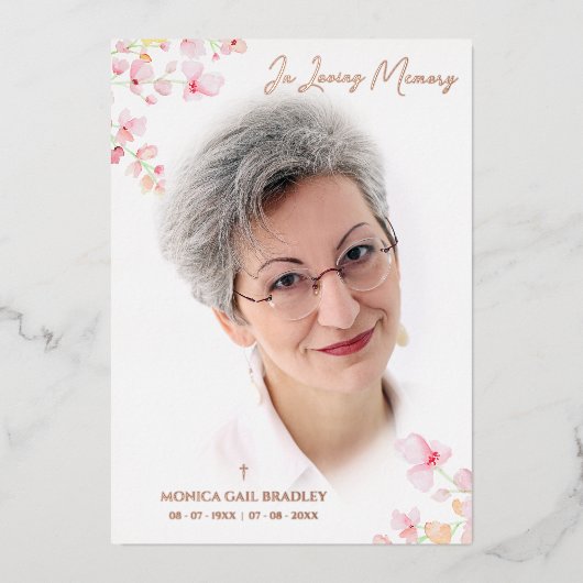 実在バラ金ゴールドフォトボタニックピンクフローラブランチ 箔招待状 (正面)