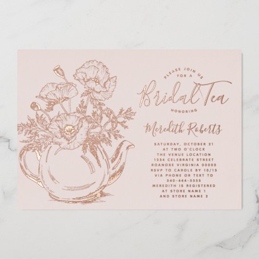 実在バラ金ゴールドフローラブライダルシャワーティー 箔招待状 (正面)