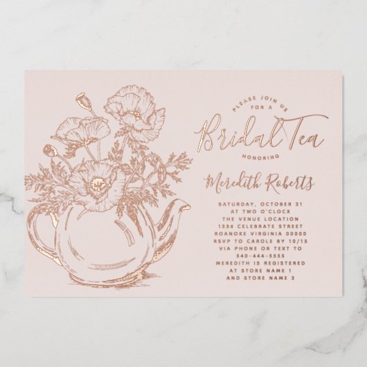 実在バラ金ゴールドフローラブライダルシャワーティー 箔招待状 (正面)