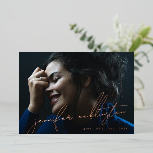 実在バラ金ゴールド編集可能写真テンプレート卒業 箔招待状 (立ち正面)