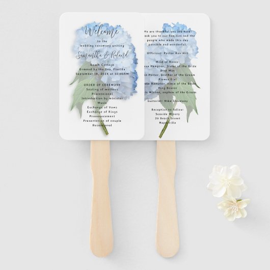 実在ブルーアジサイ花結婚式 プログラム ハンドファン (正面&裏面)