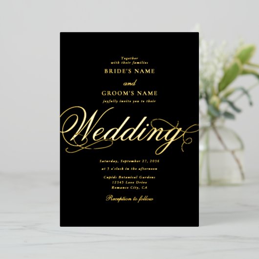 実在ホイルエレガントクラシーラグジュアリーブラック結婚ズ 箔招待状 (立ち正面)