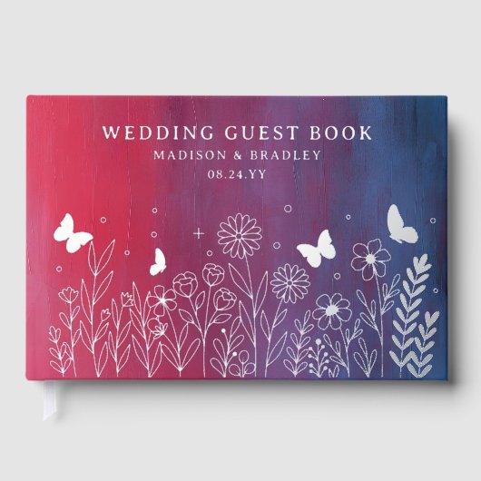 実在ホイルエレガントレッドブルーフローラ結婚ズ ゲストブック (正面)
